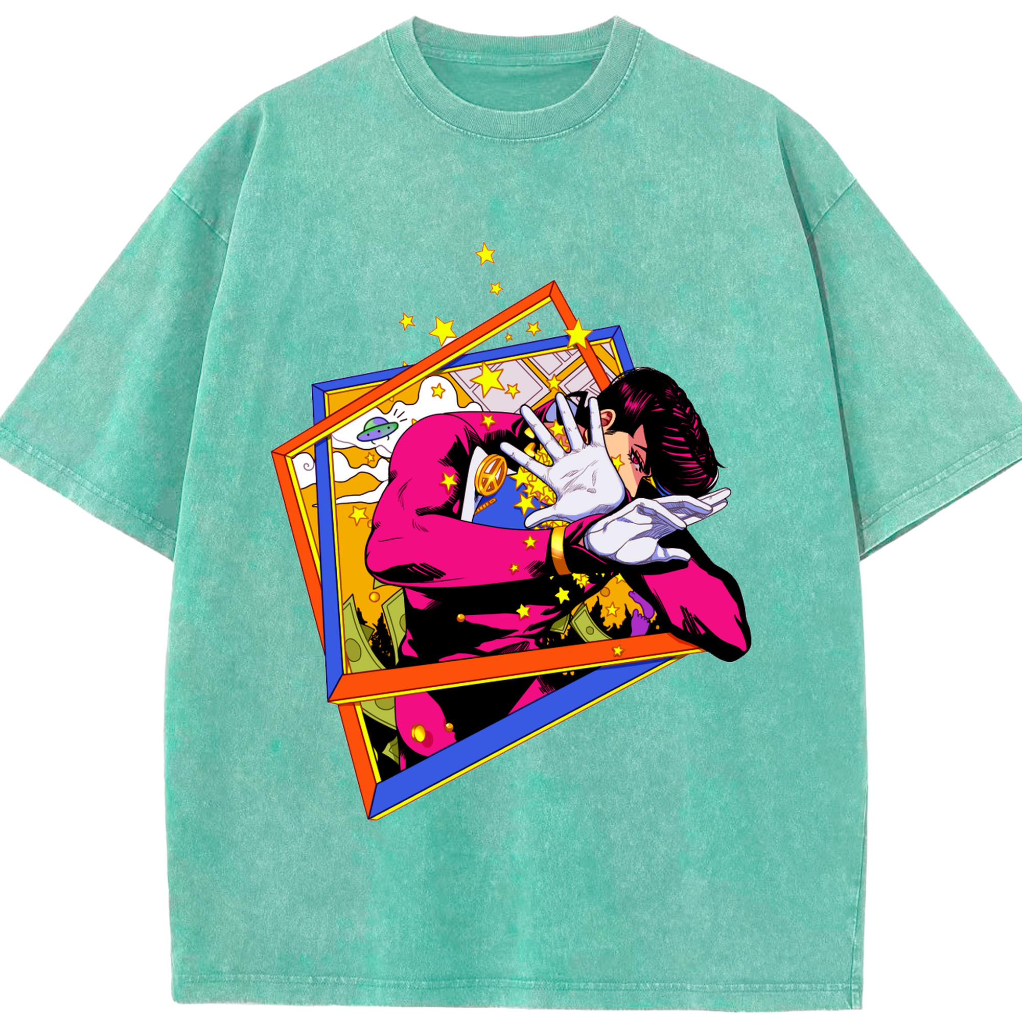 （画像用） ジョジョの奇妙な冒険 ひがしかた じょうすけ JoJo's Bizarre Adventure Higashikata Josuke 綿100% ヴィンテージ風 半袖Tシャツ（フロントプリント）